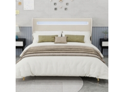 Cama Estofada 160x200 - Cabeceira Acolchoada Com Led, Base Baixa Sem Arrumação - Bege