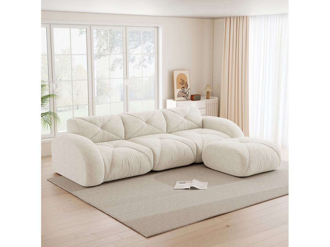 Sofá Modular L, Sofá De Três Lugares Para Sala, Base Antiderrapante, Montagem Não Necessária, Apoio Para Os Pés, Branco.