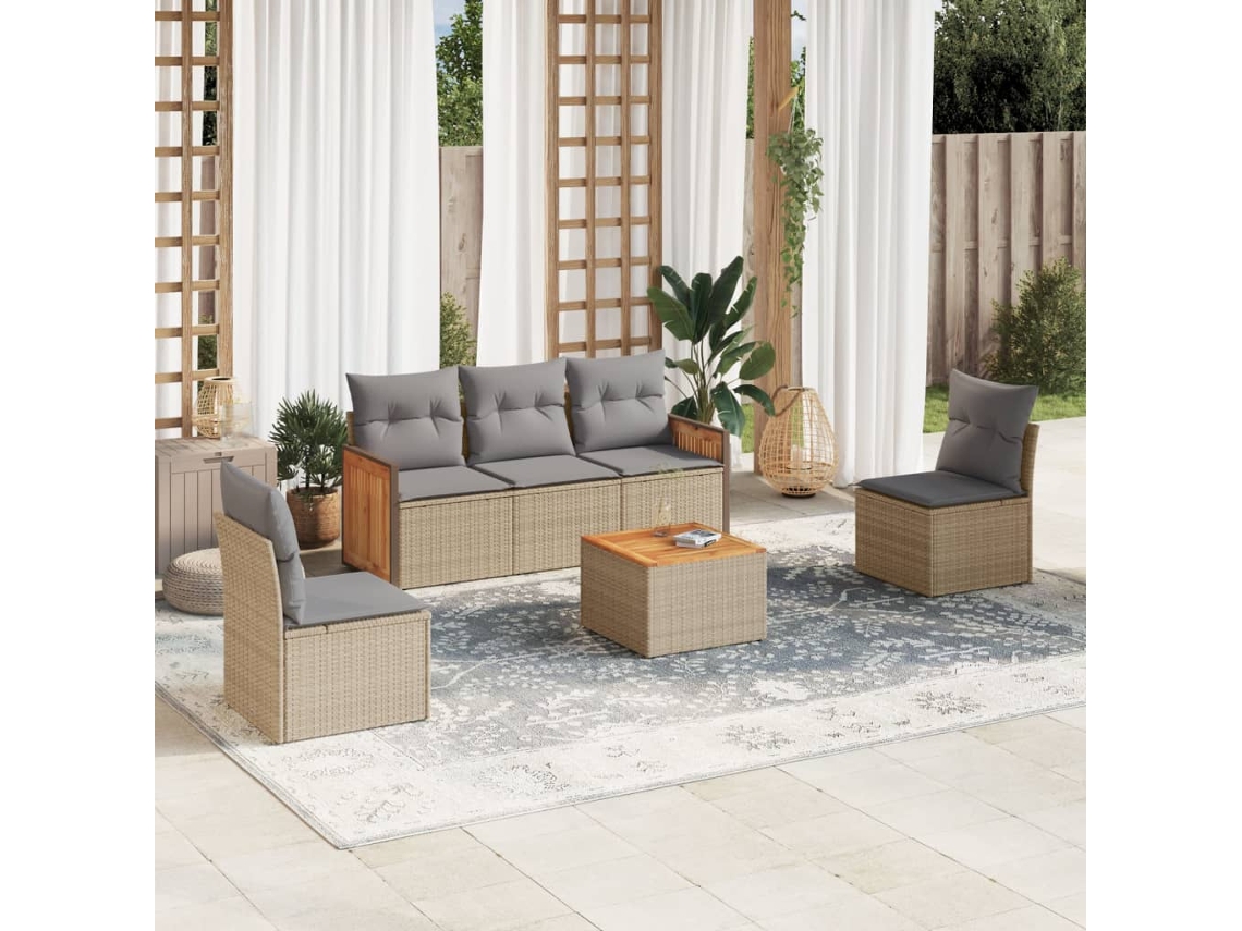 Vidaxl 6 Pcs Conjunto De Sofás P/ Jardim Com Almofadões Vime Pe Bege
