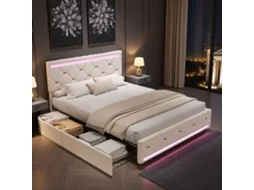 Cama De Casal Moderna 140x190 Cm Com Arrumação E 4 Gavetas, Cama De Casal Com Luzes Led Rgb E Usb, Veludo Branco Suave, Cama Com Gavetas Para Adultos