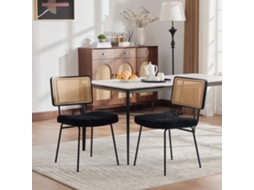 Conjunto 2 Cadeiras Jantar, Chenile, Sem Braços, Madeira Encosto, Estilo Rattan, Pés Metálicos Pretos Ajustáveis.