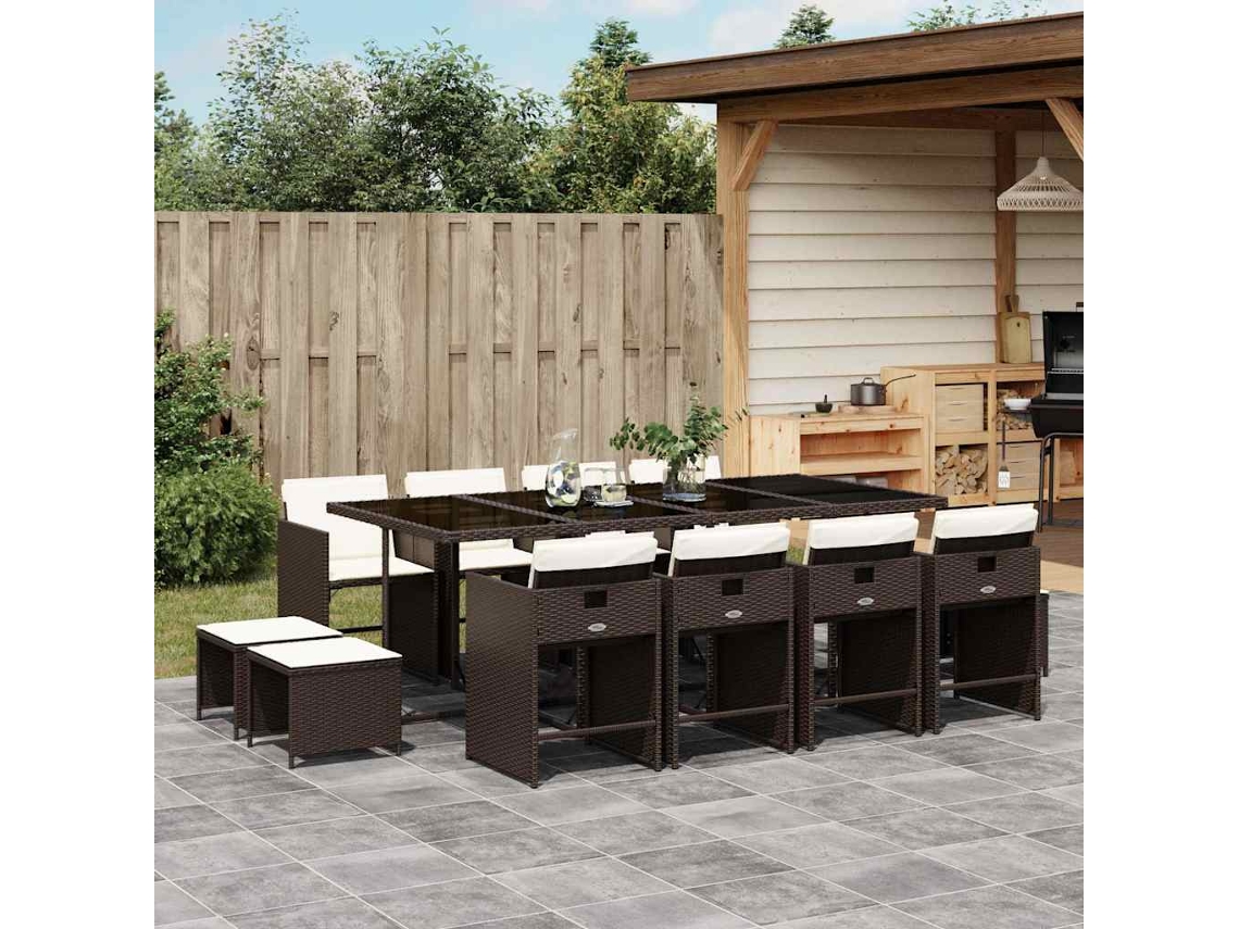 Vidaxl 13 Pcs Conjunto Jantar P/ Jardim C/ Almofadões Vime Pe Castanho