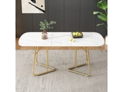Mesa Extensível 140/180×80cm Estrutura Imitação Mármore Branco Pés Metálicos Dourados Luxuosa Para 4-6 Pessoas