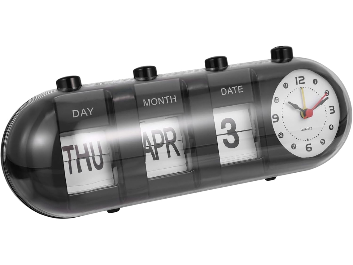 Calendário de Mesa Perpétuo Amosfun com Relógio e Ajuste Manual Data em Abs Preto, Decoração para Restaurante
