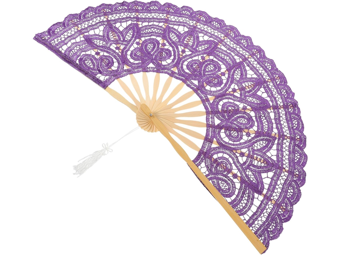 Leque Dobrável Vintage De Bambu E Renda Para Casamento