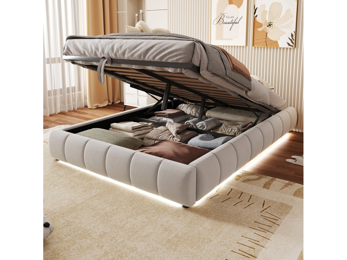 Cama 140x200 Bege Sem Cabeceira Led Hidráulica Armazenamento