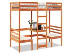 Vidaxl Cama Alta C/ Secretária/cadeiras 80x200 Cm Pinho Castanho-mel
