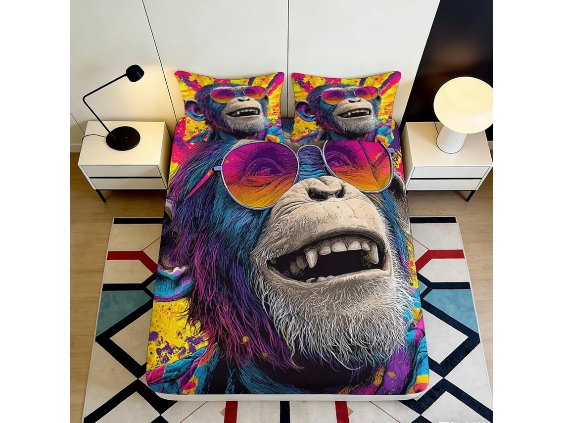 Conjunto de Cama com Estampa 3d Macaco em Microfibra Fronha 200x200cm
