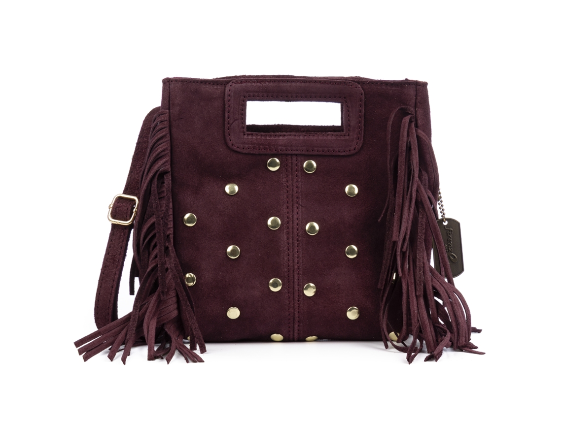 Barbata Bolsa Transversal Feminina. Couro Genuíno Suede Com Tachinhas Decorativas.