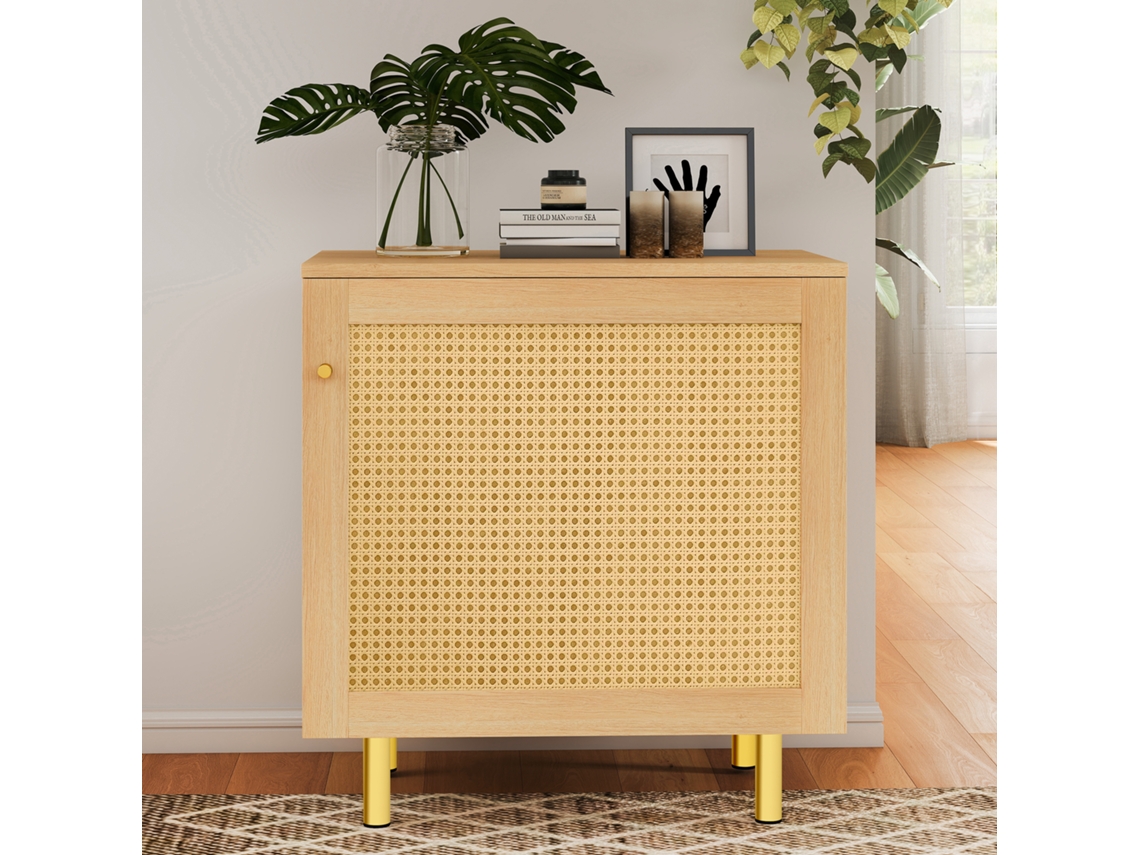 Armário Rattan 1 Porta Prateleira Puxadores Dourados Pés Metal
