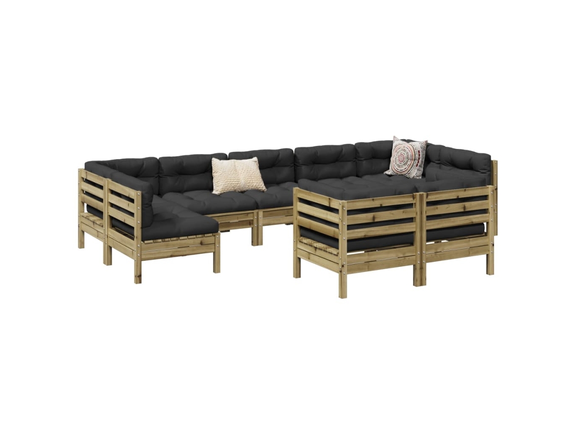 Vidaxl 9 Pcs Conjunto Sofás De Jardim C/ Almofadões Pinho Impregnado