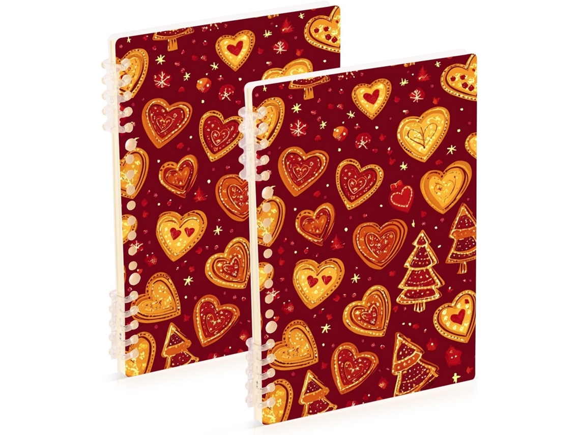 Conjunto de 2 Cadernos Espiral, Capa Espiral com Tema Natalino, Coração Vermelho e Biscoitos, 21,1 X 14,5 Cm