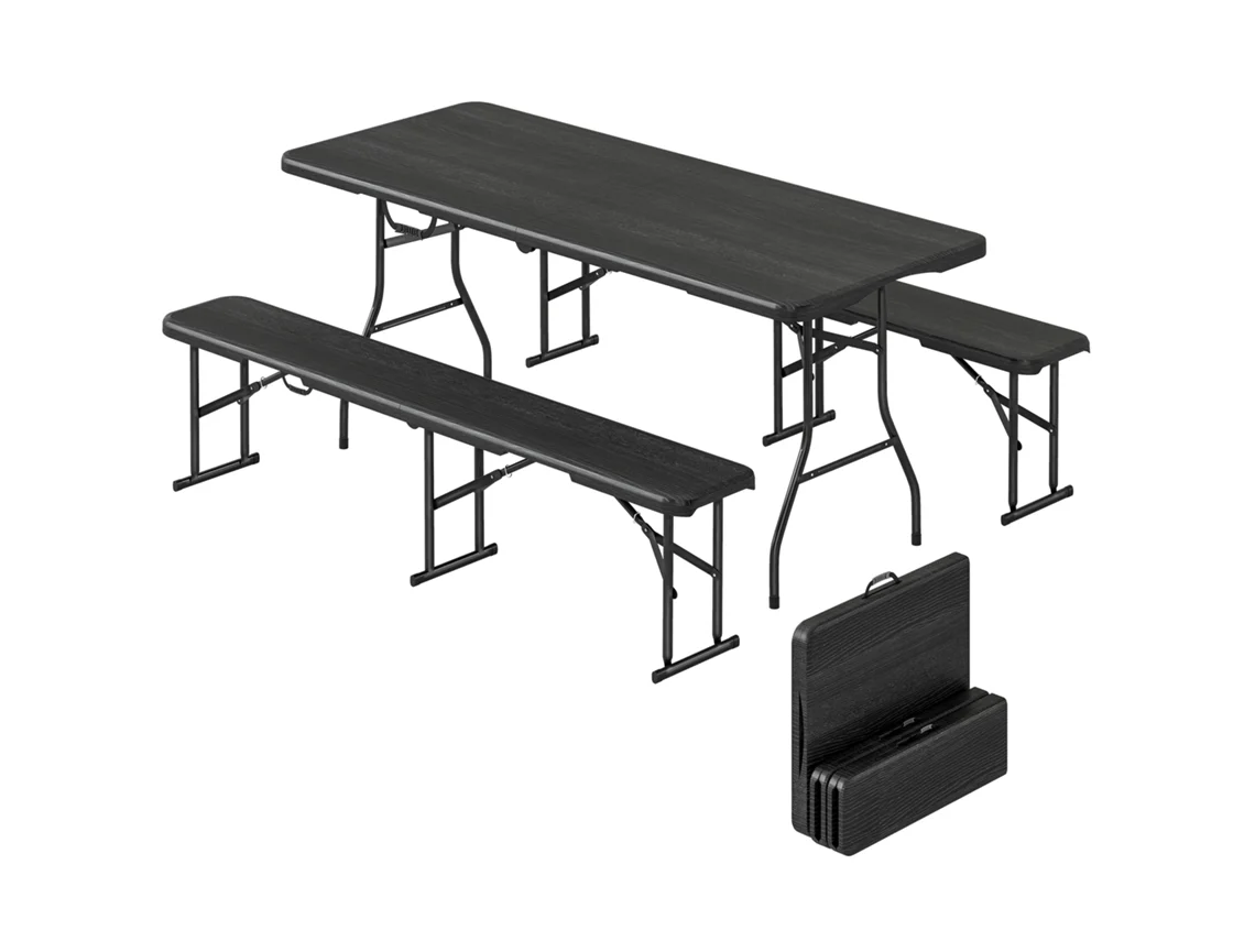 Conjunto de Mesa e Bancos Dobráveis para Piquenique, 180 Cm, com Alças para Transporte, Preto CHEZMOI