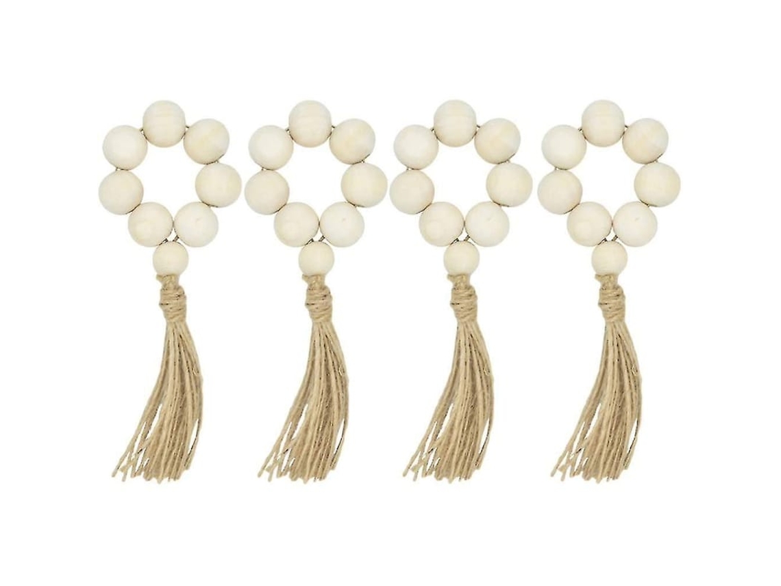 Aneis De Guardanapos Em Pérolas De Madeira Com Franja, 4 Peças, Estilo Rustico E Natural Para Decoração De Mesa