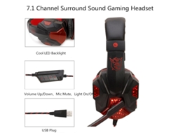 Auscultadores para Jogos Usb 5.1 Estéreo Game Light Dobrável para Gamer Preto Vermelho