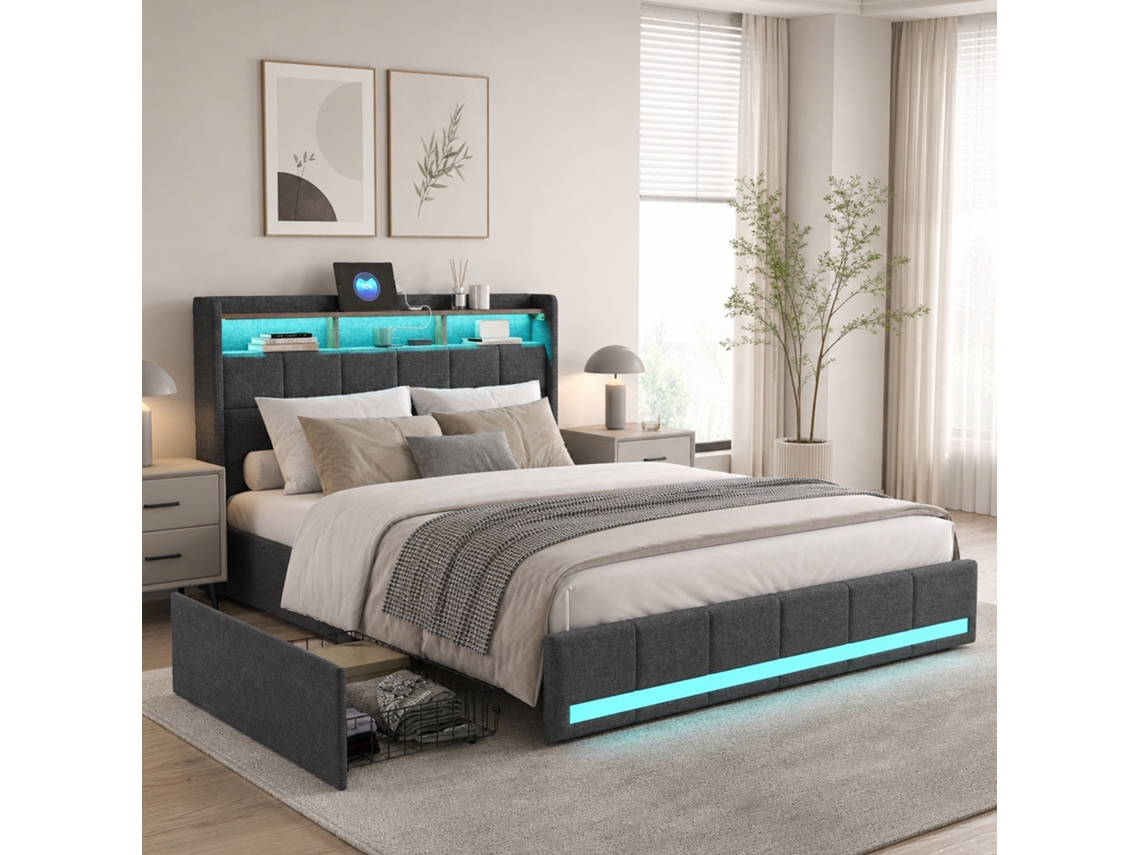 Cama Estofada 180x200 Cm, Cama De Casal Com Iluminação Led E 4 Gavetas, Cabeceira Com Espaço De Arrumação E Porta Usb, Linho, Cinzento, Simurq