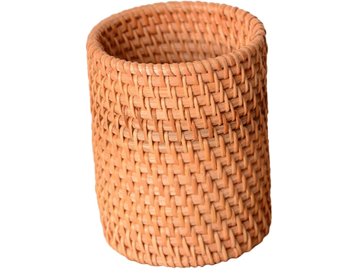 Porta-lápis com design Trançado, organizador de mesa redondo multifuncional em rattan.