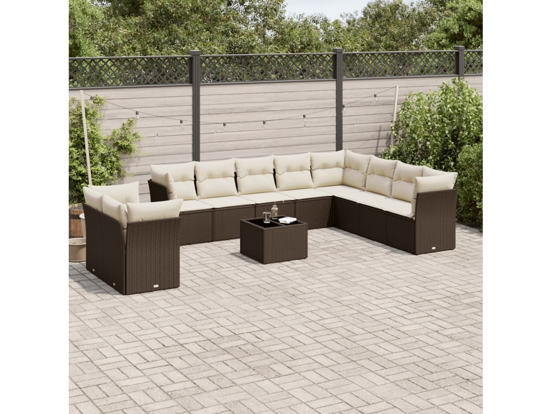 Jogo de Sofá Jardim 11 Peças C/ Almofadões Vime Pe Marrom Dkd Home Decor