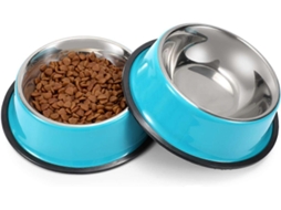 Conjunto de 2 Tigelas para Cães e Gatos em Aço Inoxidável, para Água e Comida. Cor: Azul AQUAFORGE