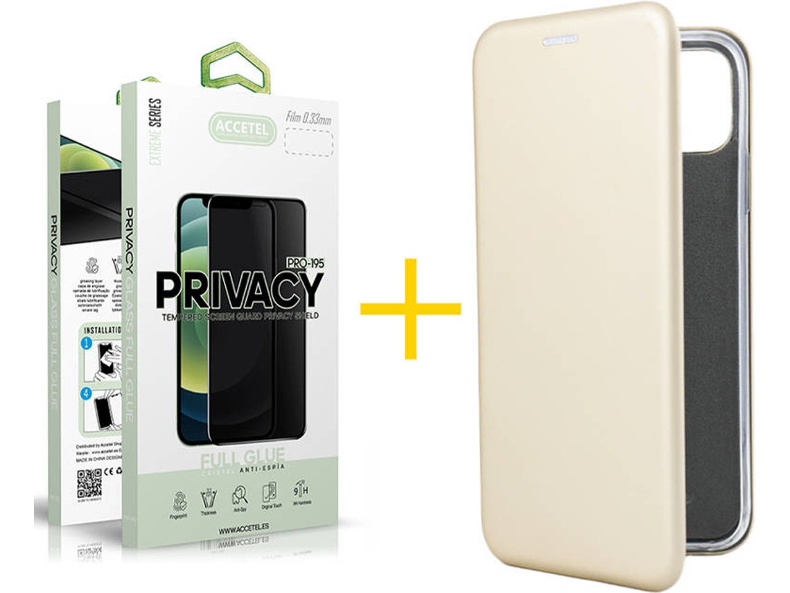 Capa + 1 Película de Vidro Anti-Spy iPhone 13 Pro Max ACCETEL PRM Flip Cover Dourado