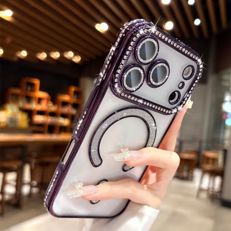 Capa Magnética Para Celular Com Glitter Eletrodepositado (roxo Escuro Para Iphone 16), Feita De Silicone Macio.