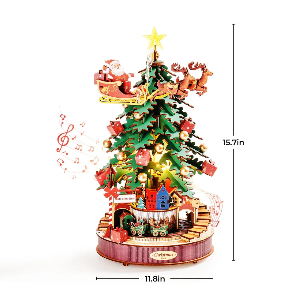 Quebra-cabeça 3d De Madeira Com Caixa De Música E Luzes Em Formato De Árvore De Natal.