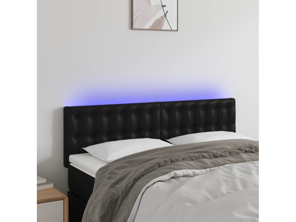 Cabeceira de cama c/ LED couro artificial 144x5x78/88 cm preto