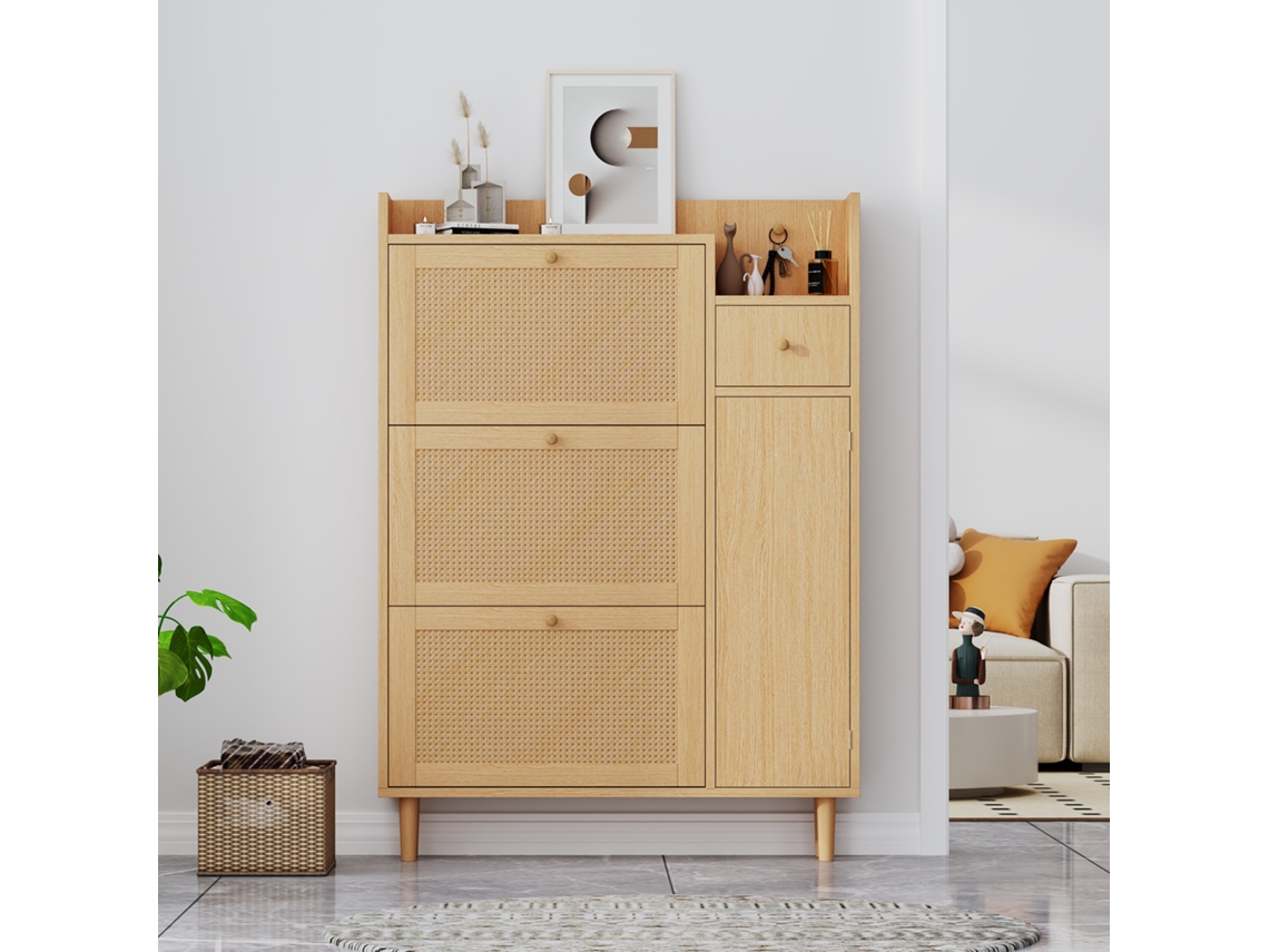 Sapateira Rattan 90x125x17cm, 3 Portas Basculantes, 1 Gaveta.-xm
