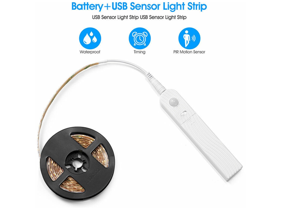 Fita Led, 120 Díodos, 2 M, Branco Frio, Sensor De Movimento, Intensidade Regulável, Alimentação Por Bateria