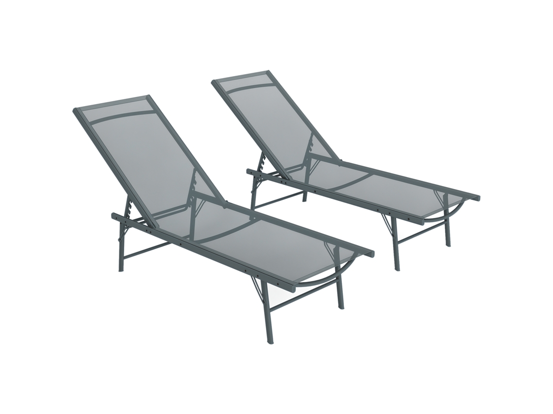 Conjunto De 2 Cadeiras De Espreguiçadeira Dobráveis De Textilene Para Exterior Inclináveis 54 X 164 X 84 Cm Cinza Claro