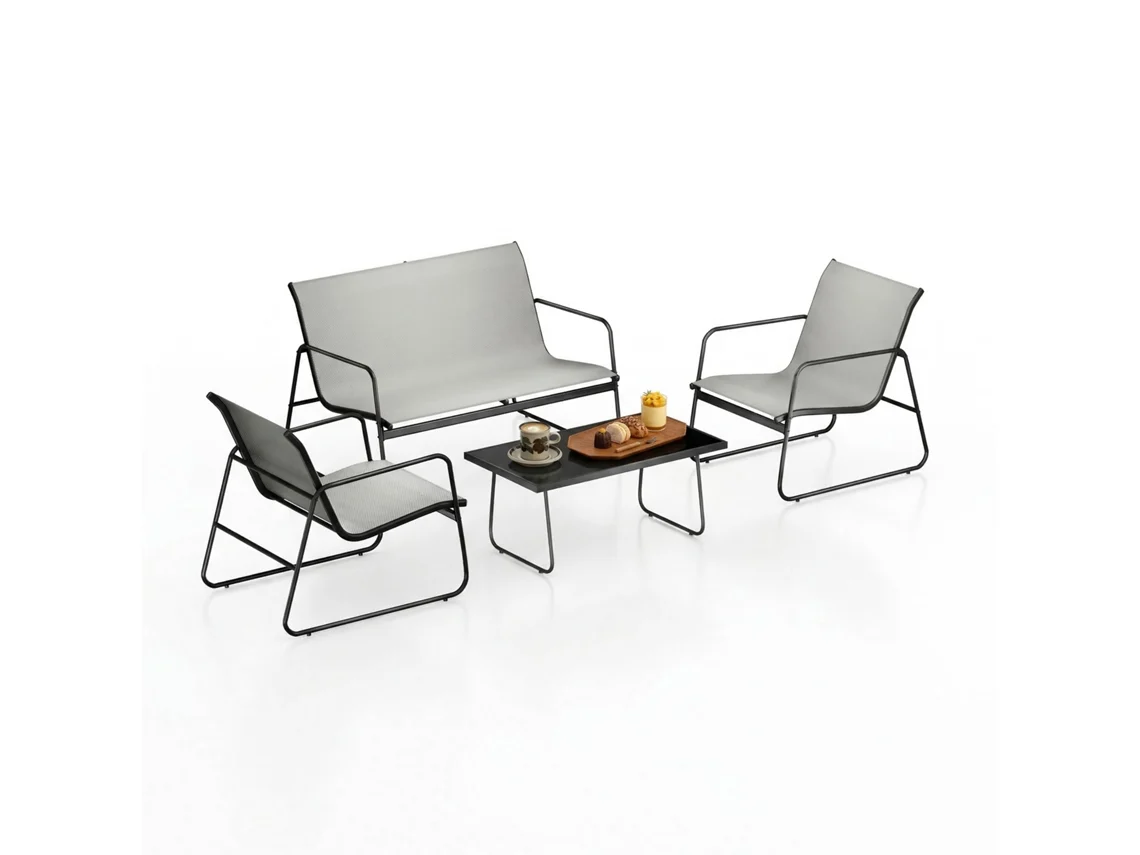 Conjunto De Jardim De 4 Lugares (2 Cadeirões + 1 Mesa De Apoio + 1 Sofá Duplo) - Aço Inoxidável, Textilene Respirável - Para Pátio E Piscina Botifly