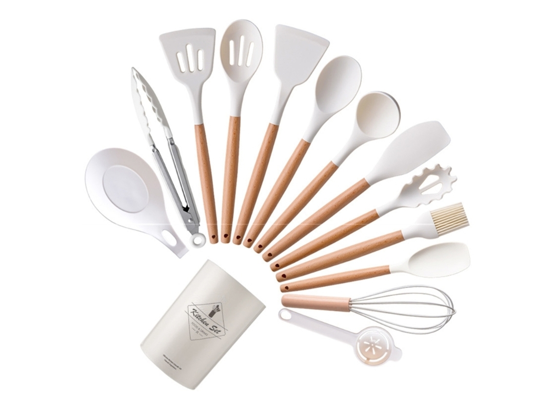 Conjunto De 14 Utensílios De Cozinha De Silicone Antiaderentes E Resistentes Ao Calor Com Cabo De Madeira. Aquaforge
