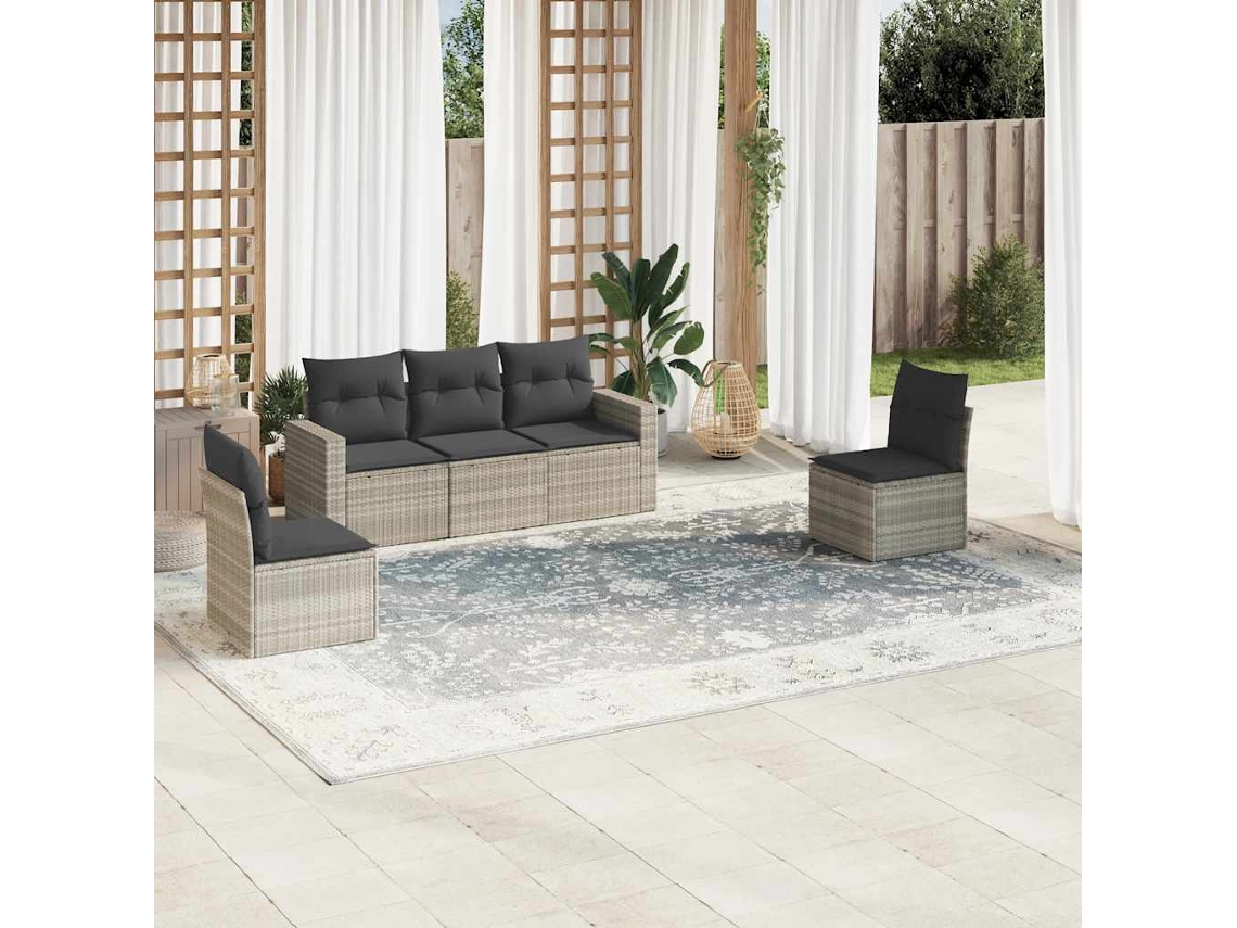 Vidaxl 5 Pcs Conj. Sofás Jardim C/ Almofadões Vime Pe Cinzento-claro
