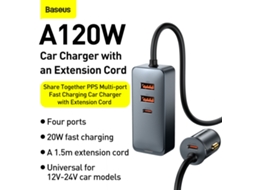Carregador De Isqueiro Baseus De 120 W Com 4 Portas (2 Usb 2 Type-c), Carregamento Rápido Pps Pd Qc3.0 Fcp Afc E Cabo De 1,5 M De Comprimento.