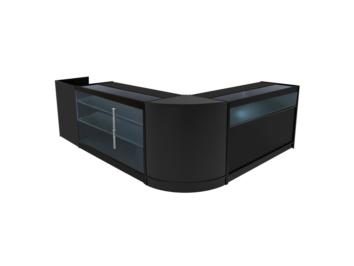 Conjunto De Balcões Comerciais Polaris | Preto | Cm60 B1500 K1500 Tb60 | Mdf E Vidro Temperado | Prateleiras E Monstershop