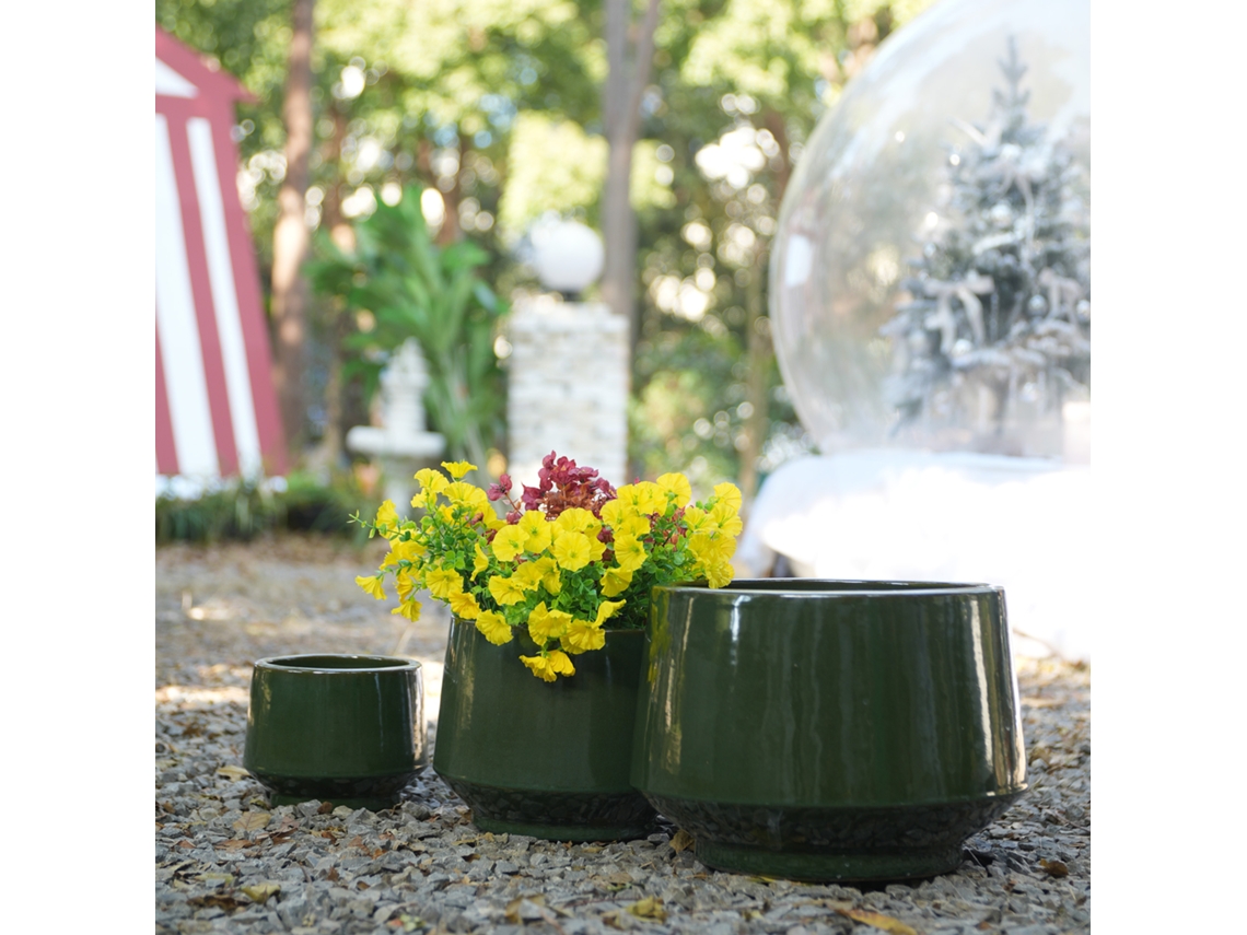 Conjunto De 3 Vasos De Cerâmica Ø38,1/28/22,9cm, Verde Escuro Sem Padrão, Ficus Lyrata, Interior E Exterior, Argila Respirável