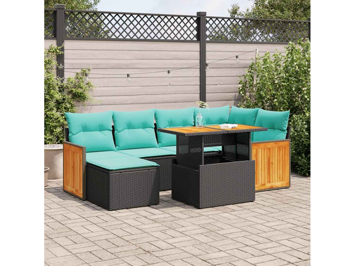 Vidaxl 7 Pcs Conj. Sofás Jardim C/ Almofadões Vime Pe/acácia Castanho