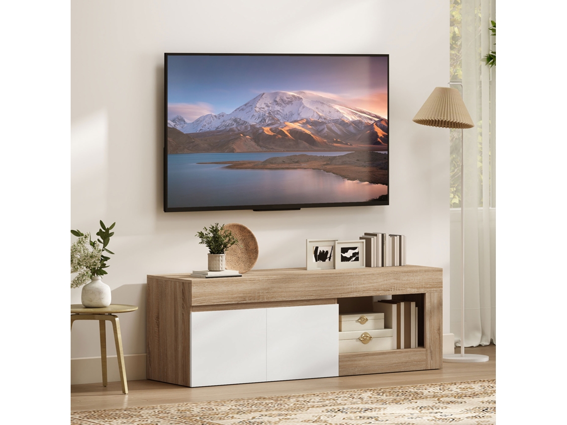 Móvel Para Tv Com 2 Portas Para Televisores De Até 60 Polegadas, Com Armário E Prateleira Aberta, Acabamento Em Madeira Natural.