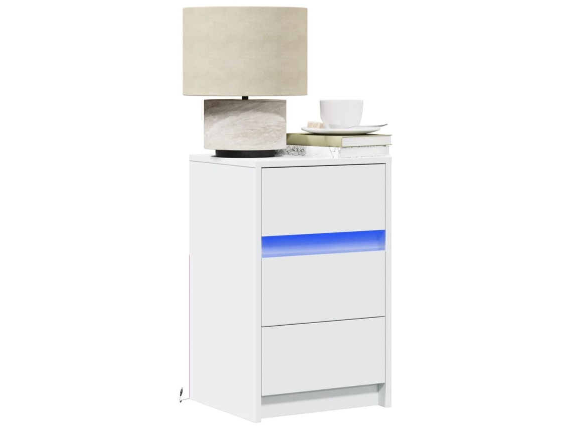 Vidaxl Mesa De Cabeceira Com Luzes Led Derivados De Madeira Branco