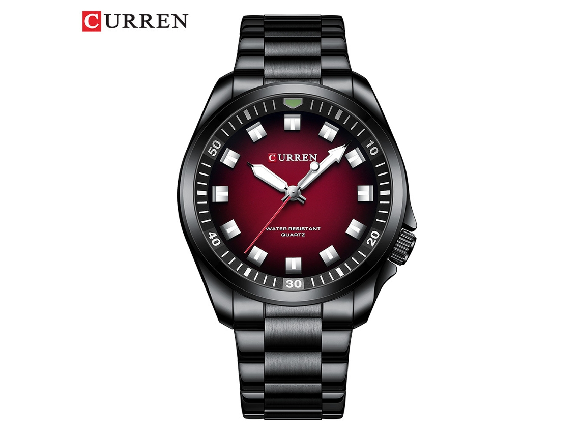 Relógio de Quartzo MDUG À prova D'água, estilo executivo, com coroa inclinada, pulseira de Aço Inoxidável, preto e Vermelho