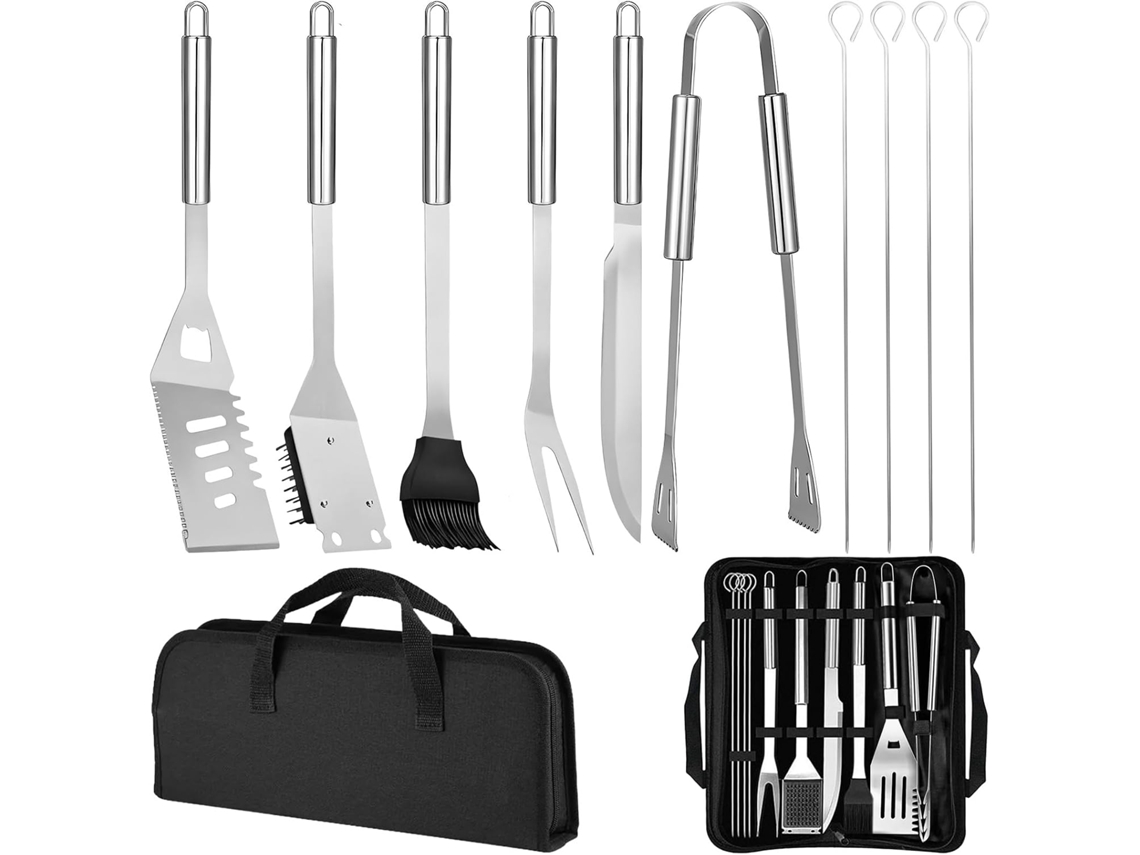 Kit de utensílios para churrasco em aço inoxidável com 11 peças, incluindo estojo de transporte. Conjunto completo e prático de ferramentas para grelhar. Acessórios duráveis para churrasco.