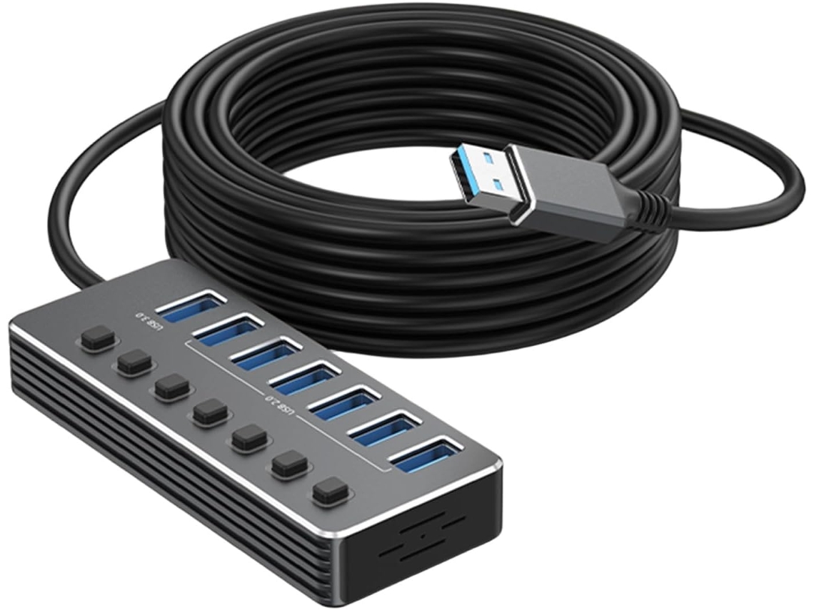 Hub Usb Genérico De Alumínio Com 7 Portas E Conector Reto De 500 Cm.