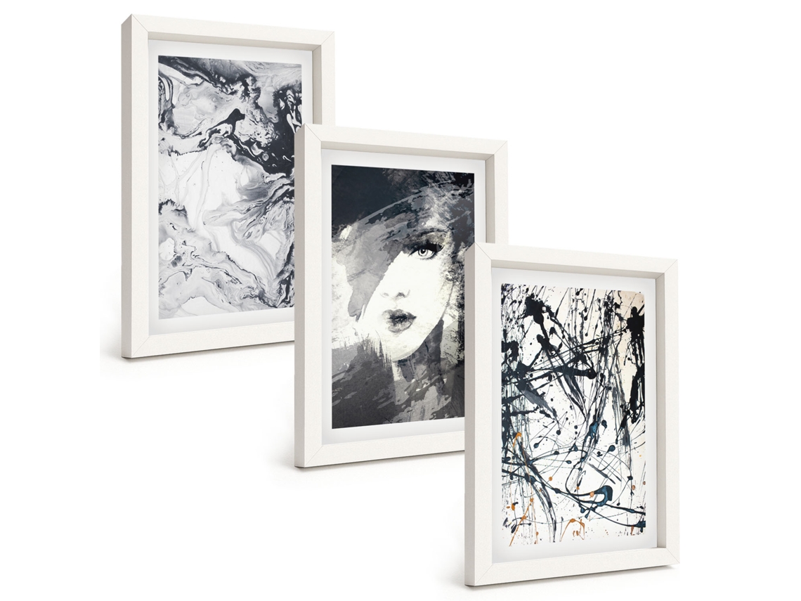 Conjunto De Quadros Com Moldura Padrões Abstratos Em Preto E Branco Moldura Branca Fotos Para O Escritório Espelharte (3 Peças 20x30 Cm)