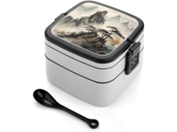 Marmita Bento De Camada Dupla, Recipiente Hermético De 1 Litro Com Colher, Estampa De Paisagem Chinesa, Alça E Ideal