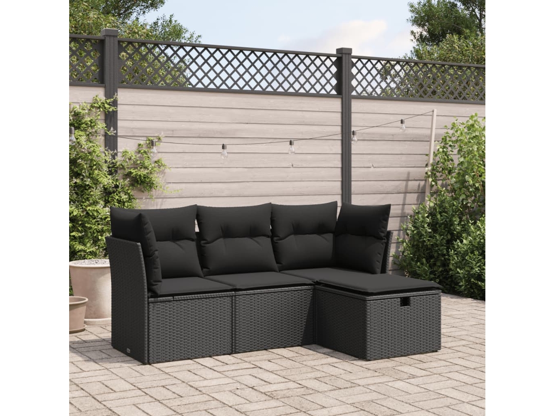 Vidaxl 4 Pcs Conjunto De Sofás Para Jardim C/ Almofadões Vime Pe Preto