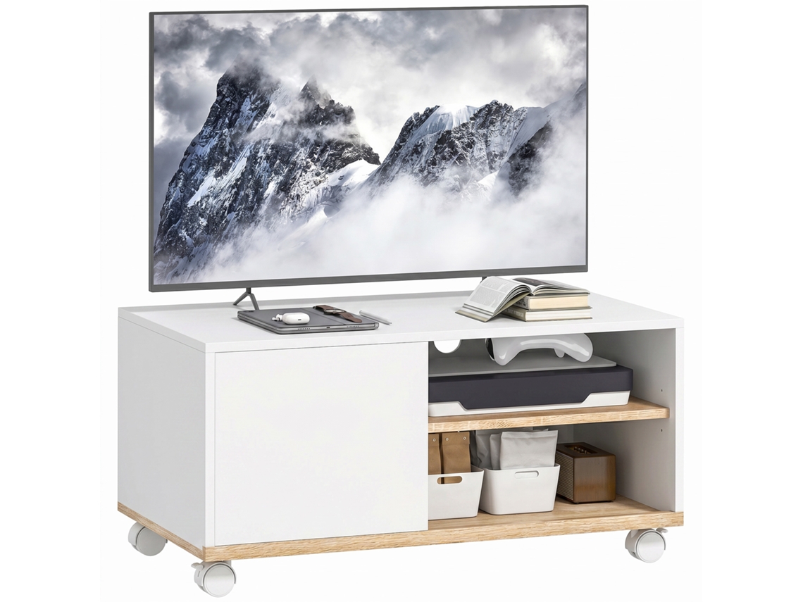 Móvel De Tv Com Rodas E Travões, Móvel Com Armário E Prateleira Regulável, Branco E Cor Carvalho.