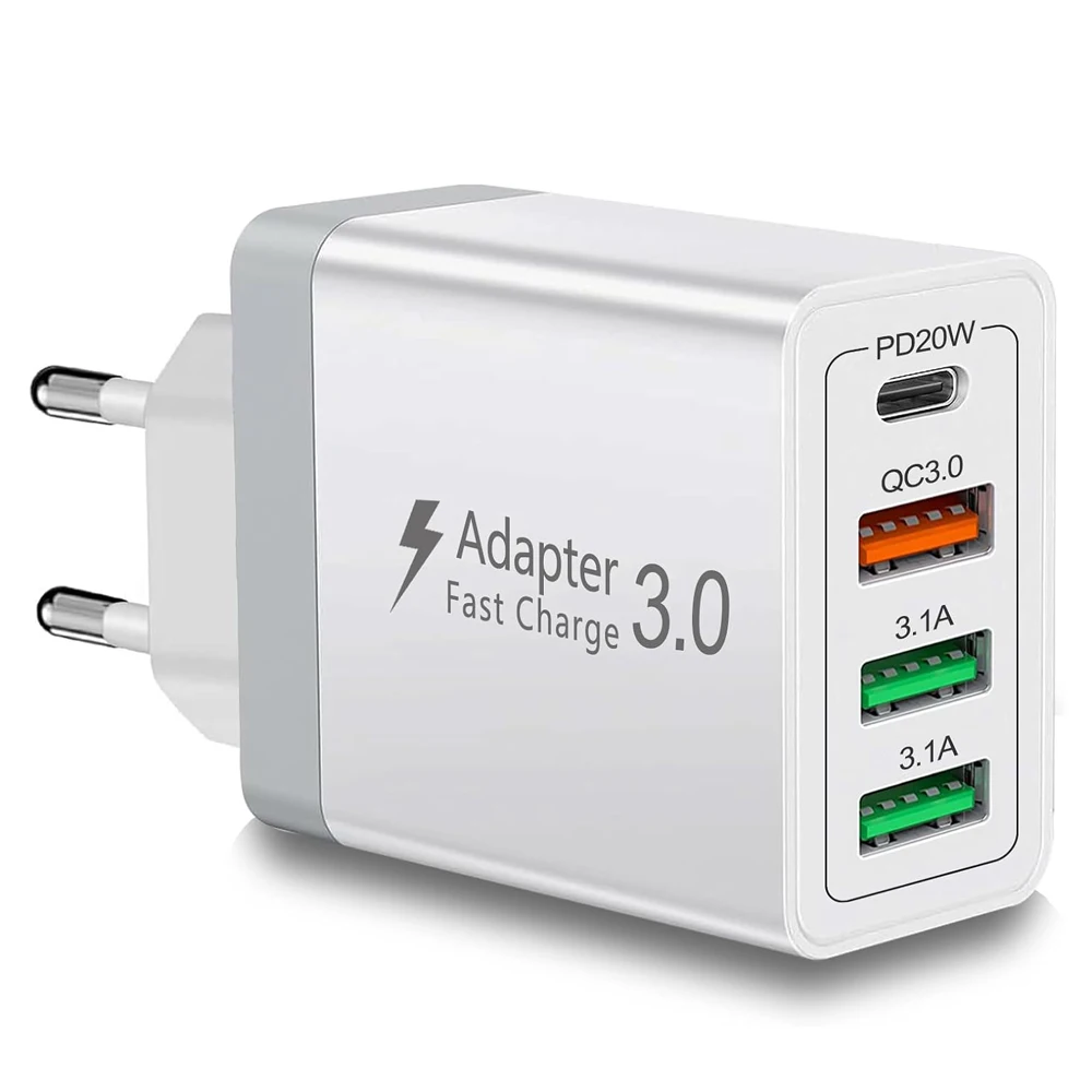Carregador Rápido Usb-c De 40 W (padrão Europeu Branco), Pd 20 W + Qc 3.0, Com Plugue Padrão Europeu E 4 Portas.