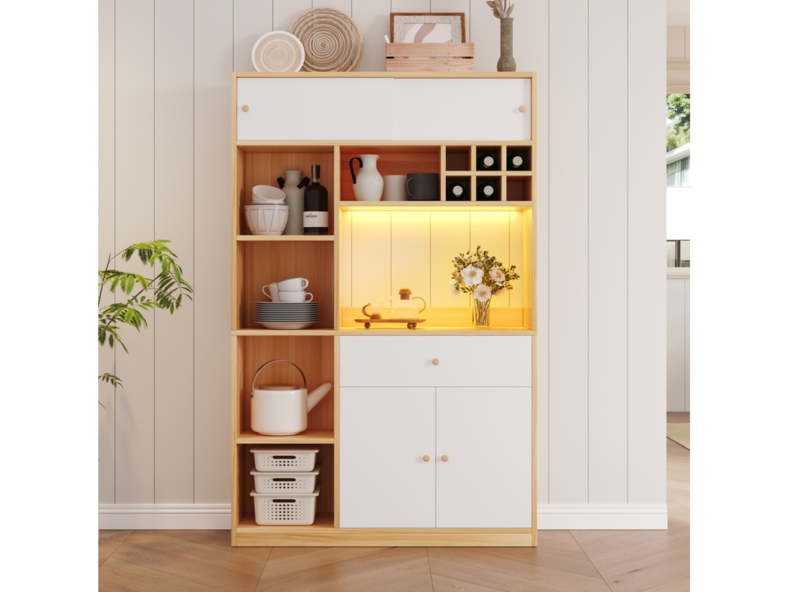 Armário De Cozinha Com Led, Buffet Multiuso: Uma Gaveta, Três Portas E Prateleiras Para Talheres, Espaço Grande Para Micro-ondas. 115lx35px180a Cm.