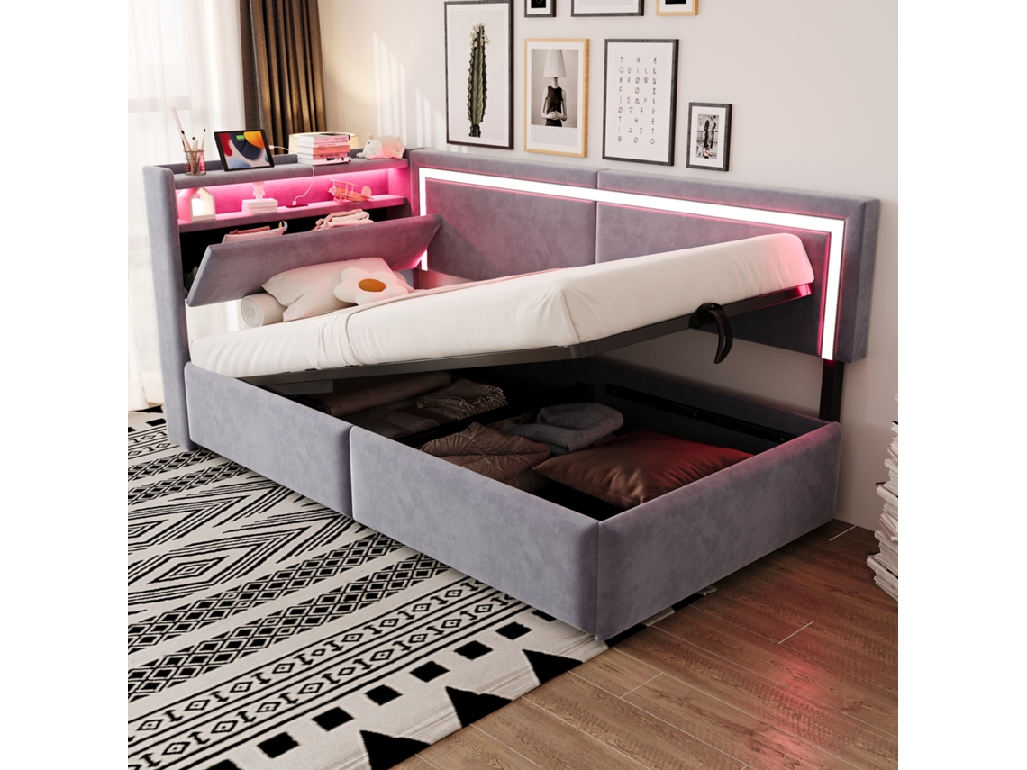 Sofá Cama 90x200 Cm Led Usb Armário Hidráulico Cinza Claro
