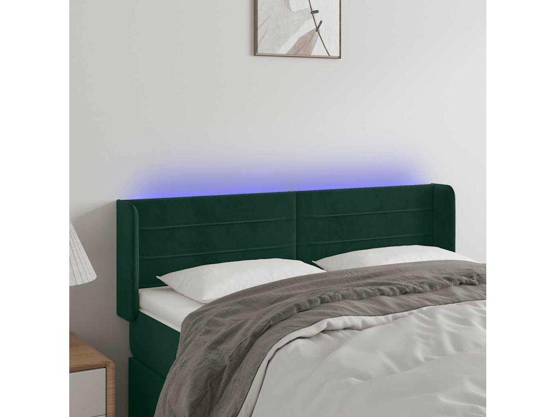 Cabeceira | Painel De Cama Cama C/ Luzes Led Veludo 147x16x78/88 Cm Verde-escuro